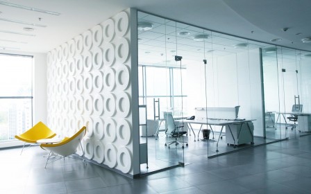 enchating-white-office-wallpaper-design-with-yellow-chair-beside-partition-as-well-elegant-glass-wall-interior-and-lighting-ceiling-plus-wide-glass-window